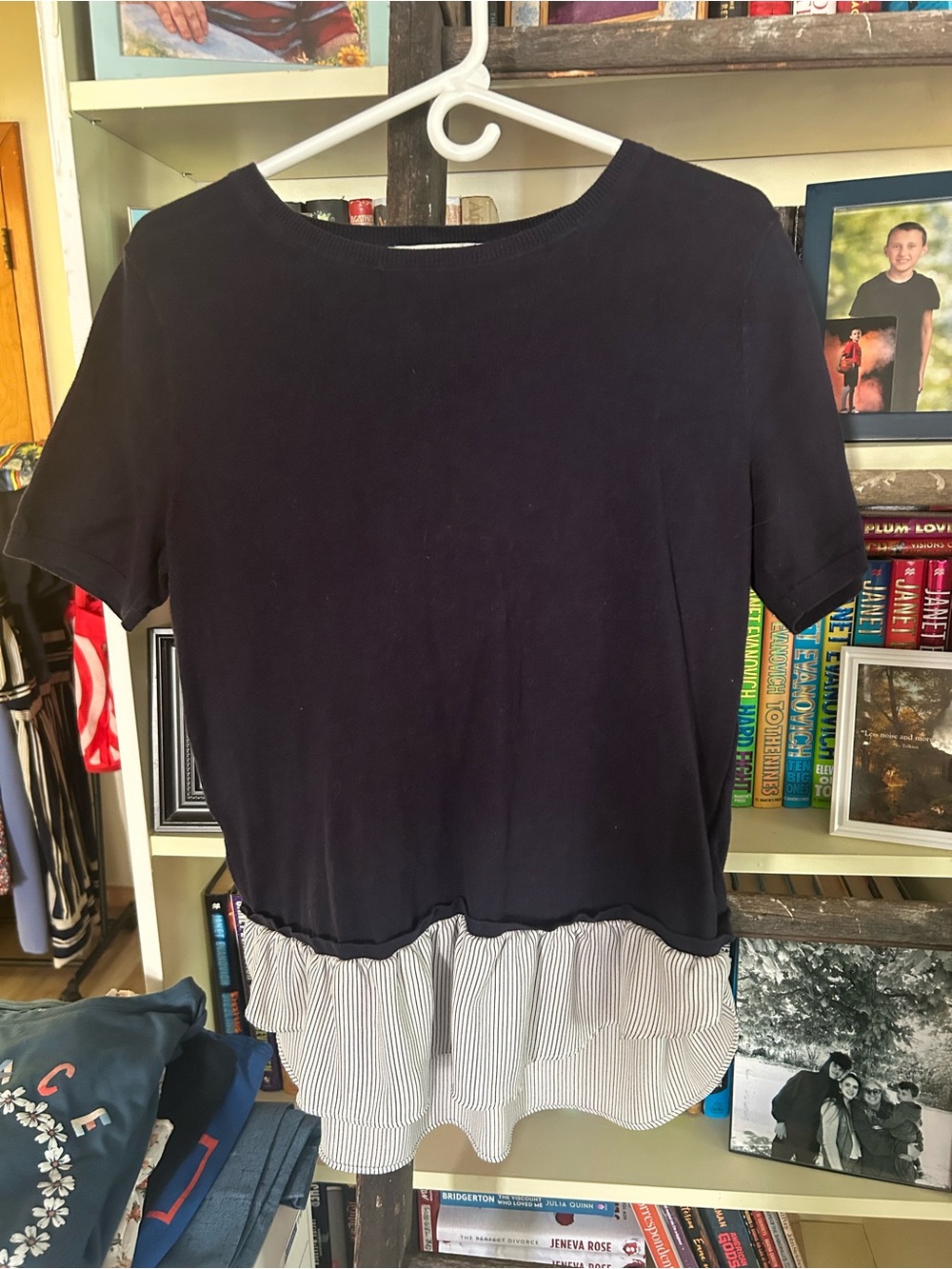 LOFT Navy Short-Sleeve Top with Striped Ruffle Hem
